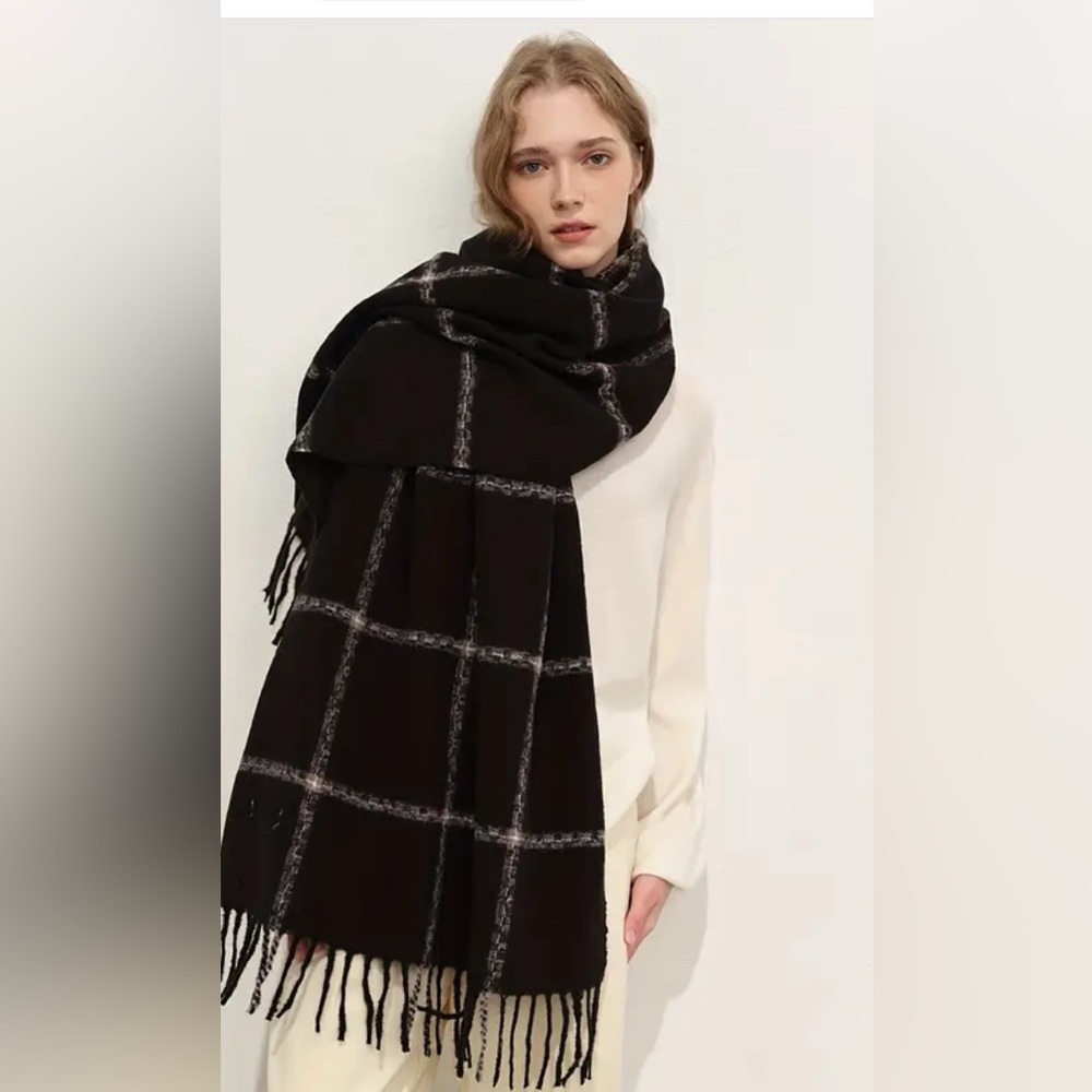 Blanket Winter Scarf Wrap with Fringe  Tartan Plaid Oversized